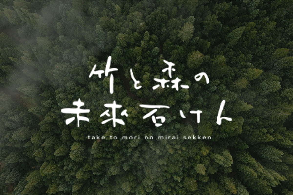 生い茂った空からの森の様子と竹と森の未來石けんのロゴ